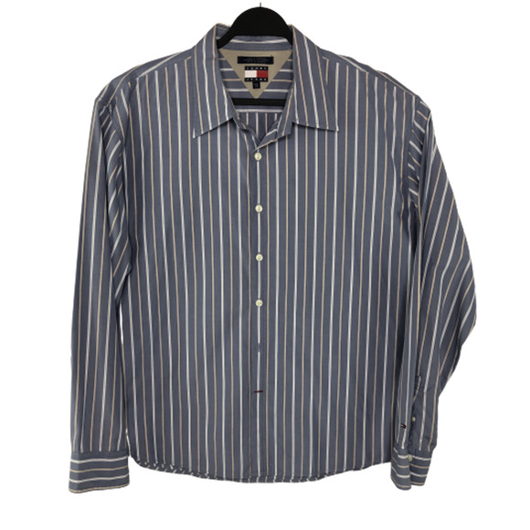 Tommy Jeans Dress Shirt Men's  XXL Long Sleeve Button Up Grey Striped Cotton - Picture 1 of 7